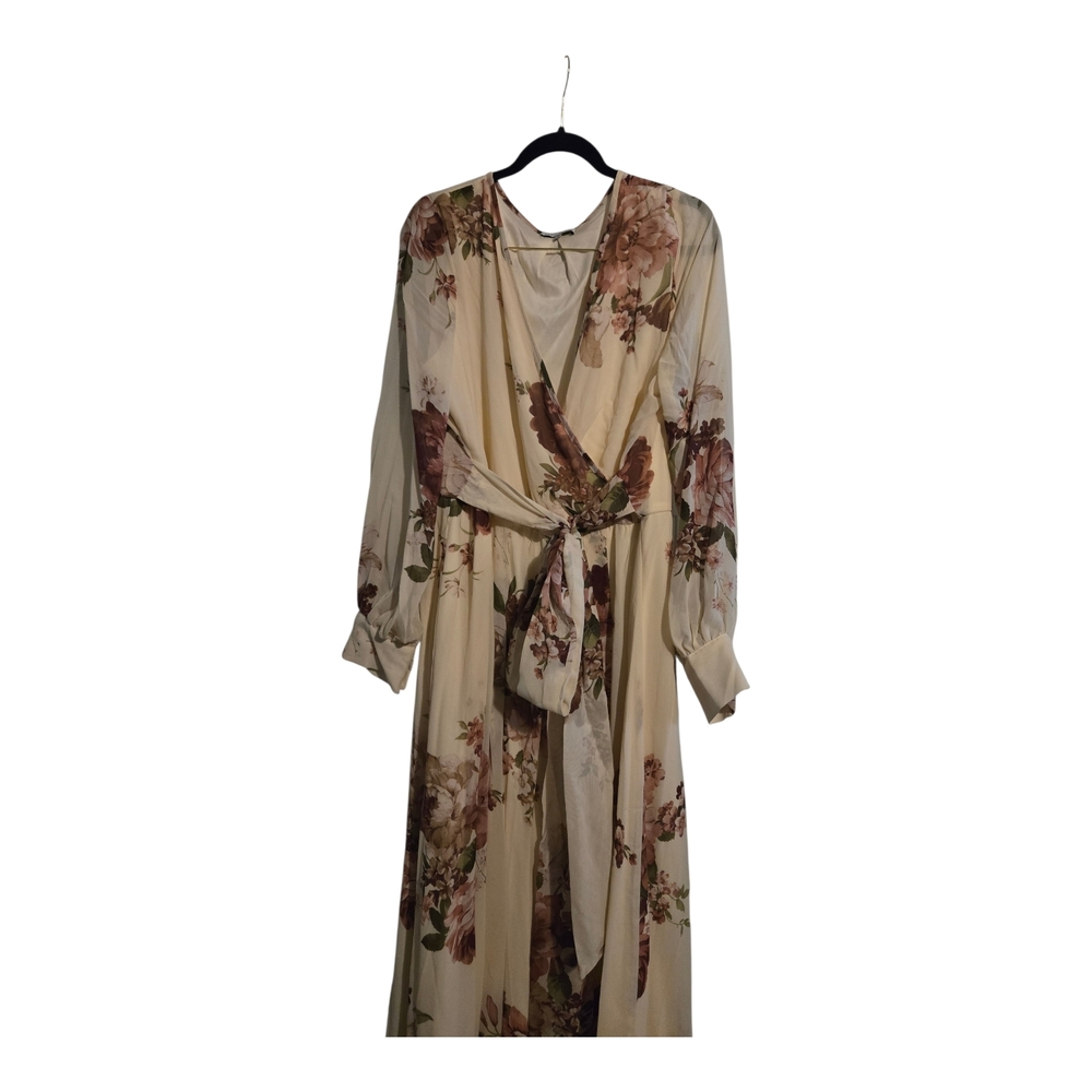 Fashion Nova Floral Long Sleeve Dress in Cream and Brown